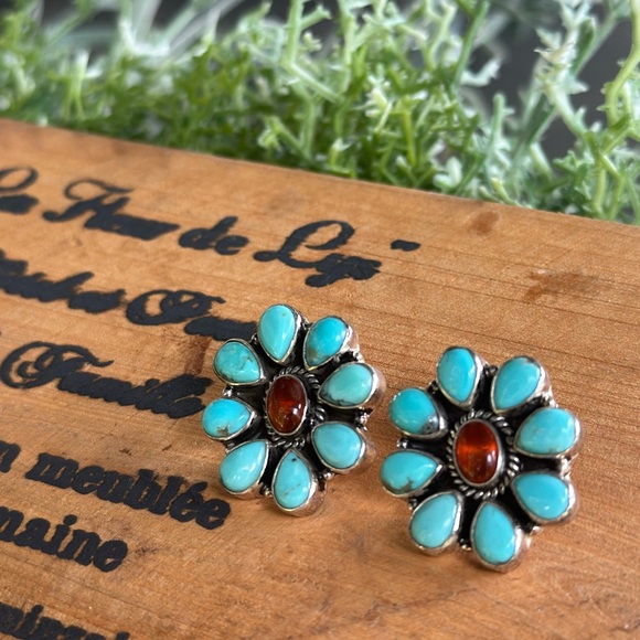 Jewelry - Sterling genuine turquoise and ambercluster earrings